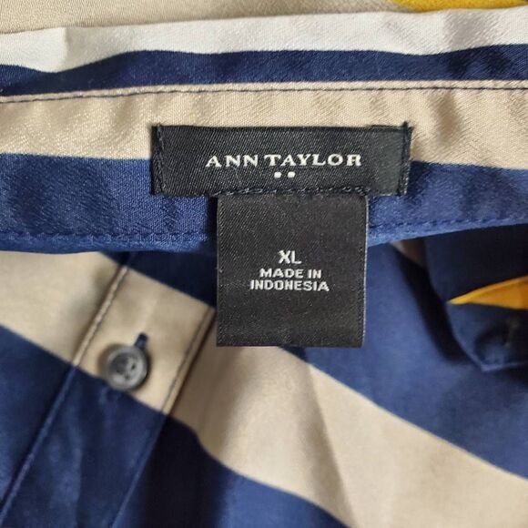 Ann Taylor Women’s Striped Button Front Blouse Navy Beige Yellow XL - Picture 7 of 9